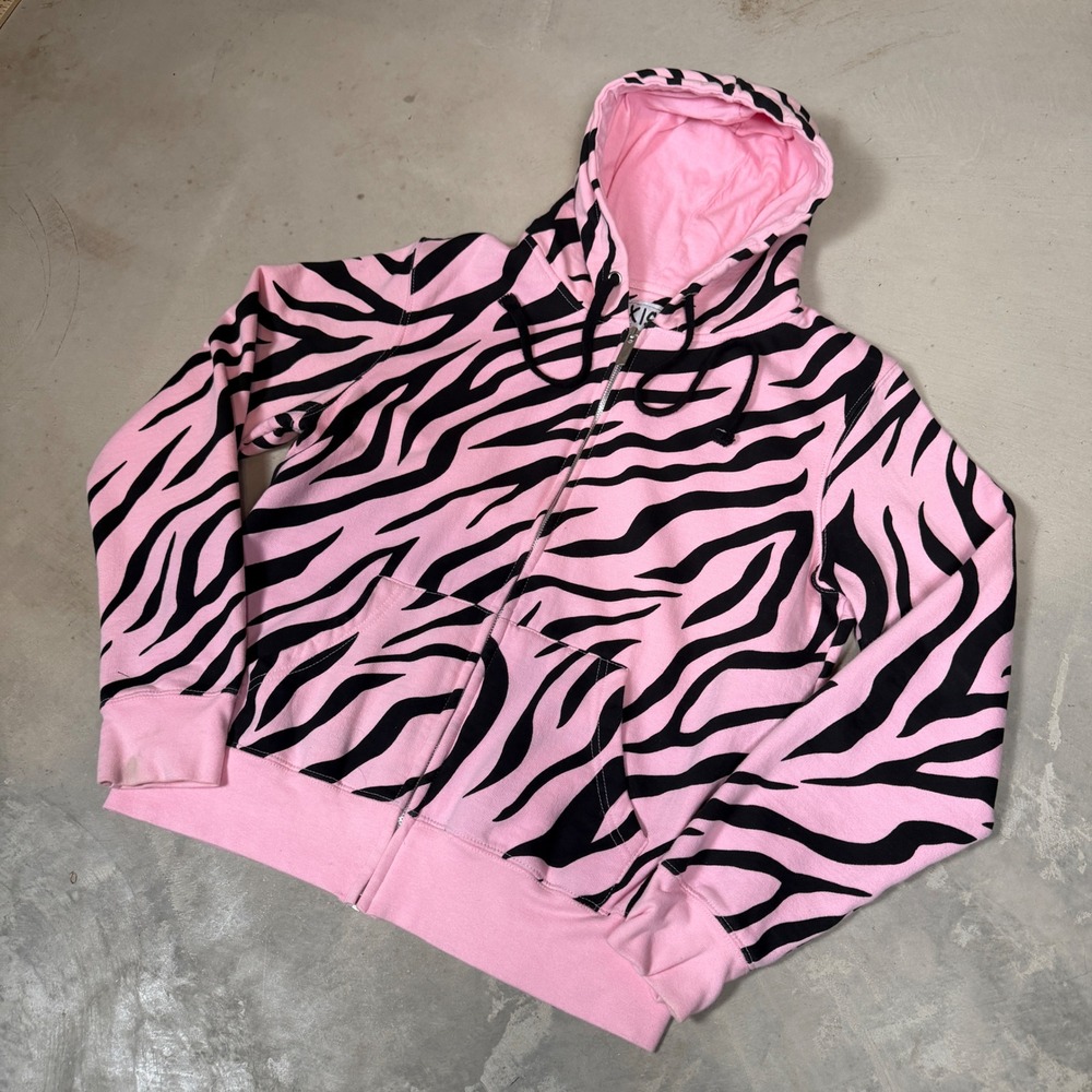 EXIST Pink Zebra Print Full Zip Hoodie Sweatshirt Womens XL Y2K Animal Print